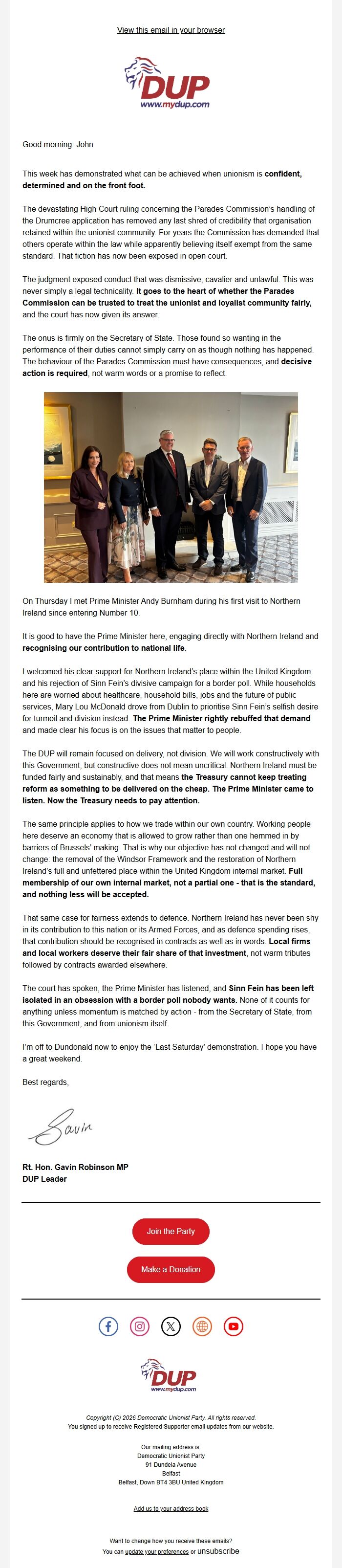 Screenshot of the email generated on import