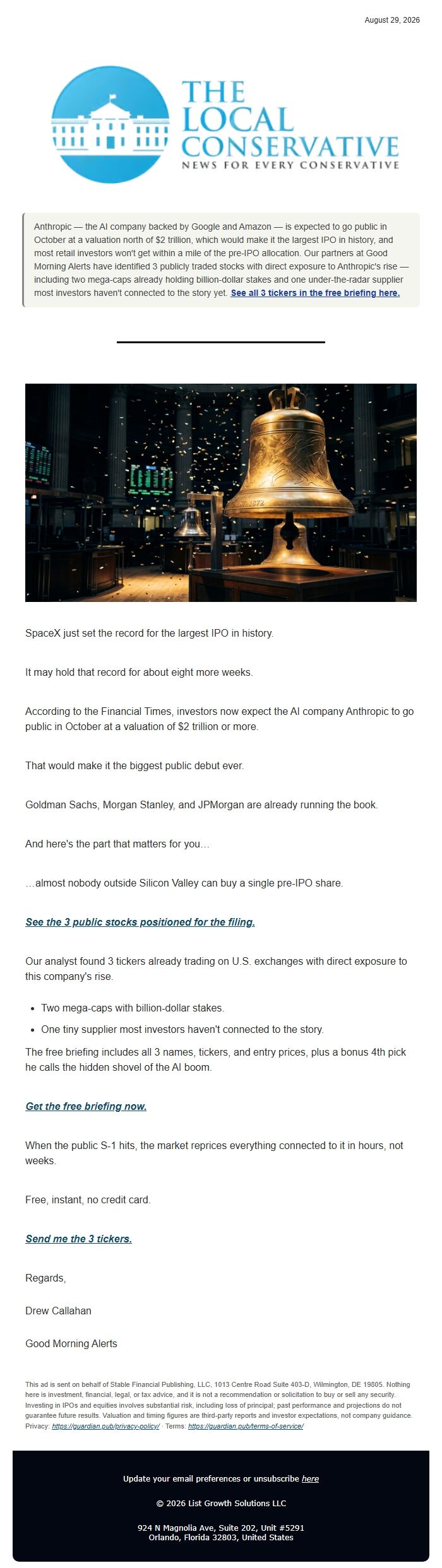 Screenshot of the email generated on import