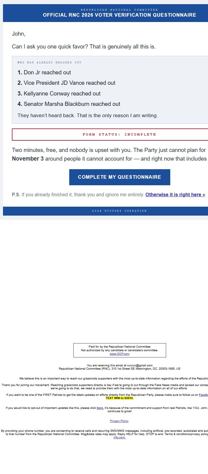 Screenshot of the email generated on import