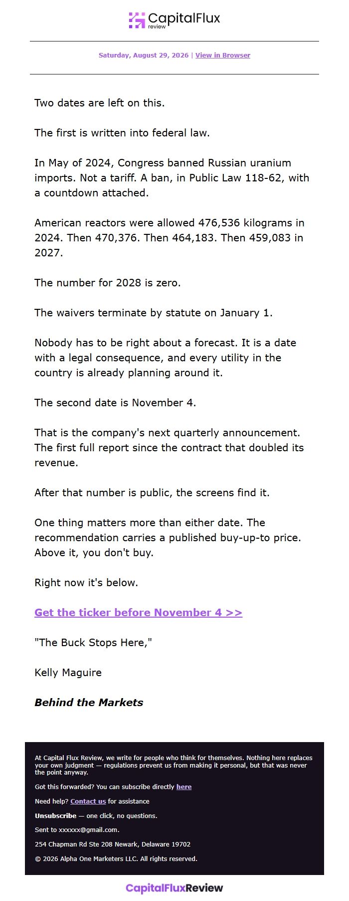 Screenshot of the email generated on import