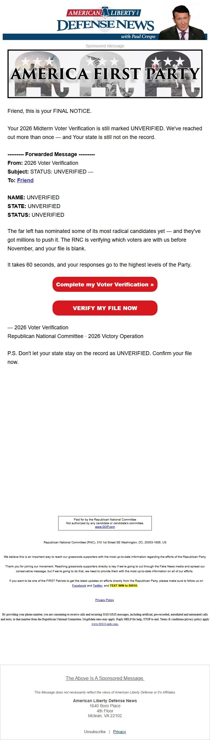 Screenshot of the email generated on import