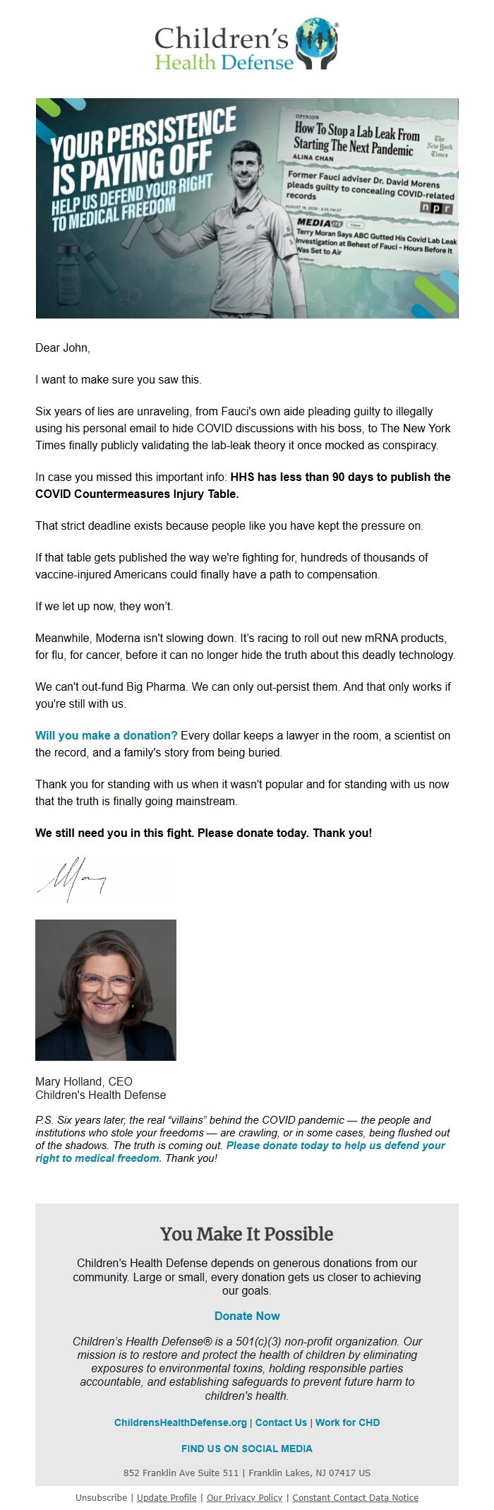 Screenshot of the email generated on import