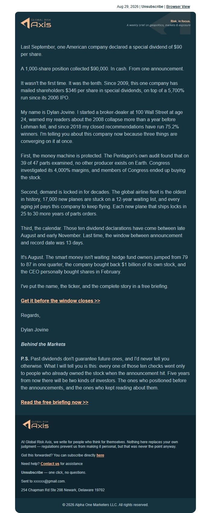 Screenshot of the email generated on import