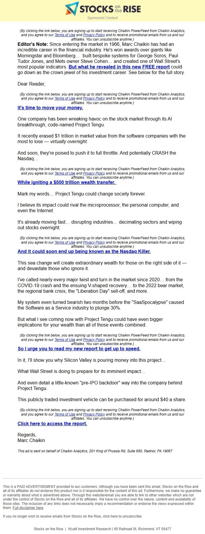Screenshot of the email generated on import