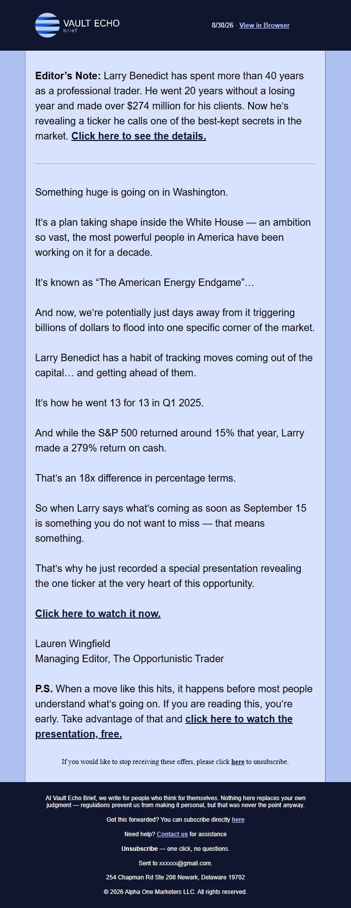 Screenshot of the email generated on import