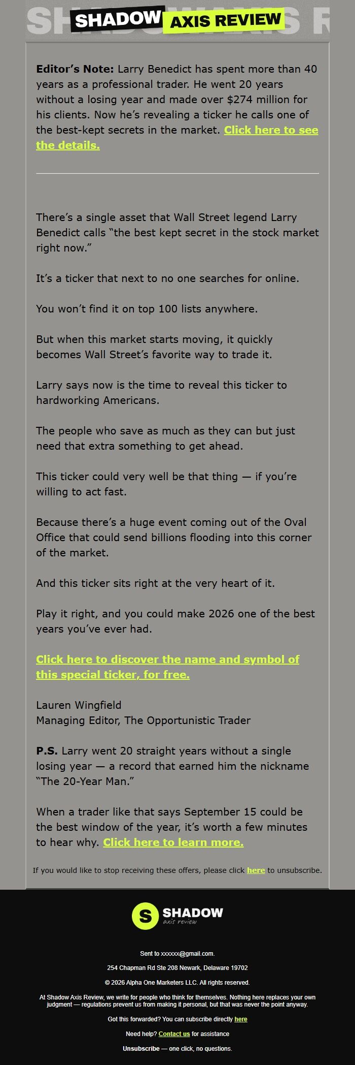 Screenshot of the email generated on import