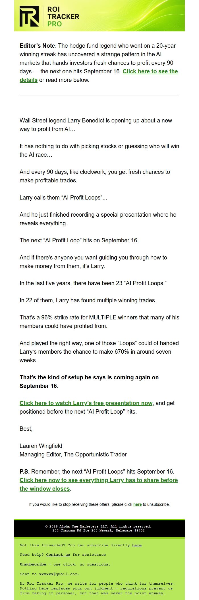 Screenshot of the email generated on import
