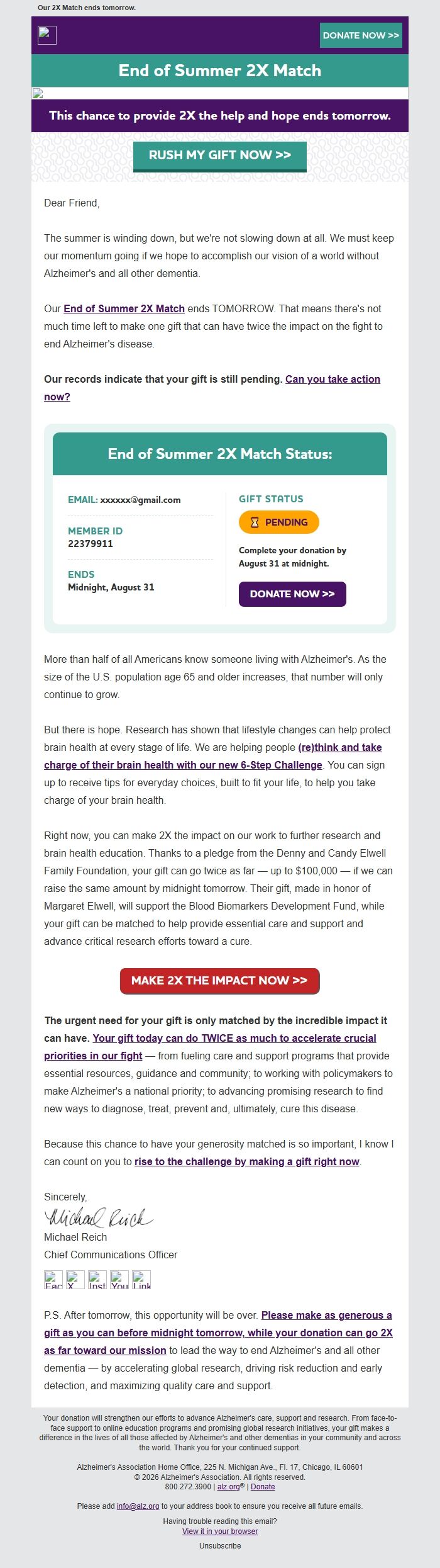 Screenshot of the email generated on import