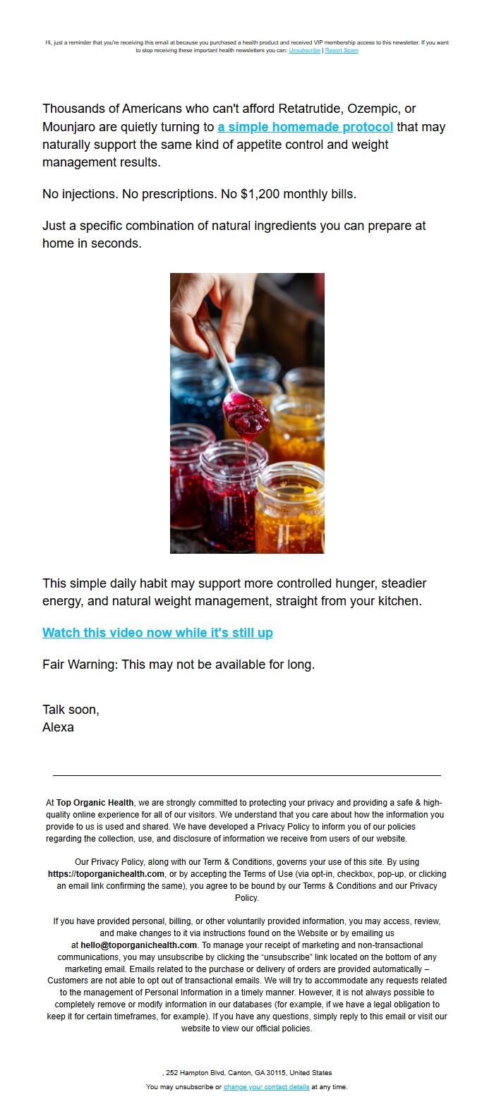 Screenshot of the email generated on import
