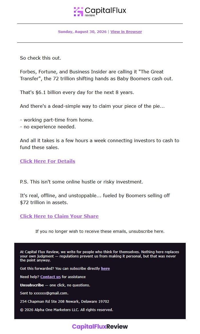 Screenshot of the email generated on import