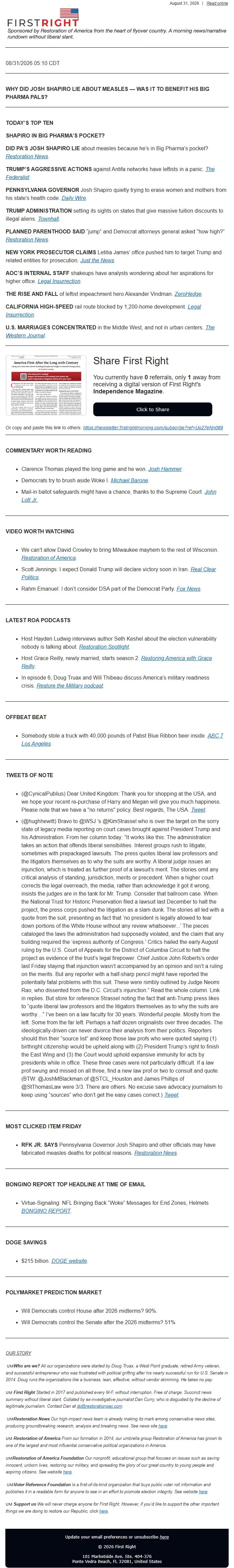 Screenshot of the email generated on import