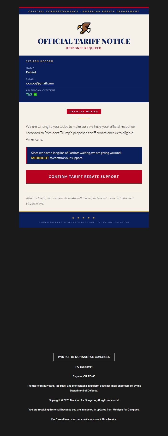 Screenshot of the email generated on import