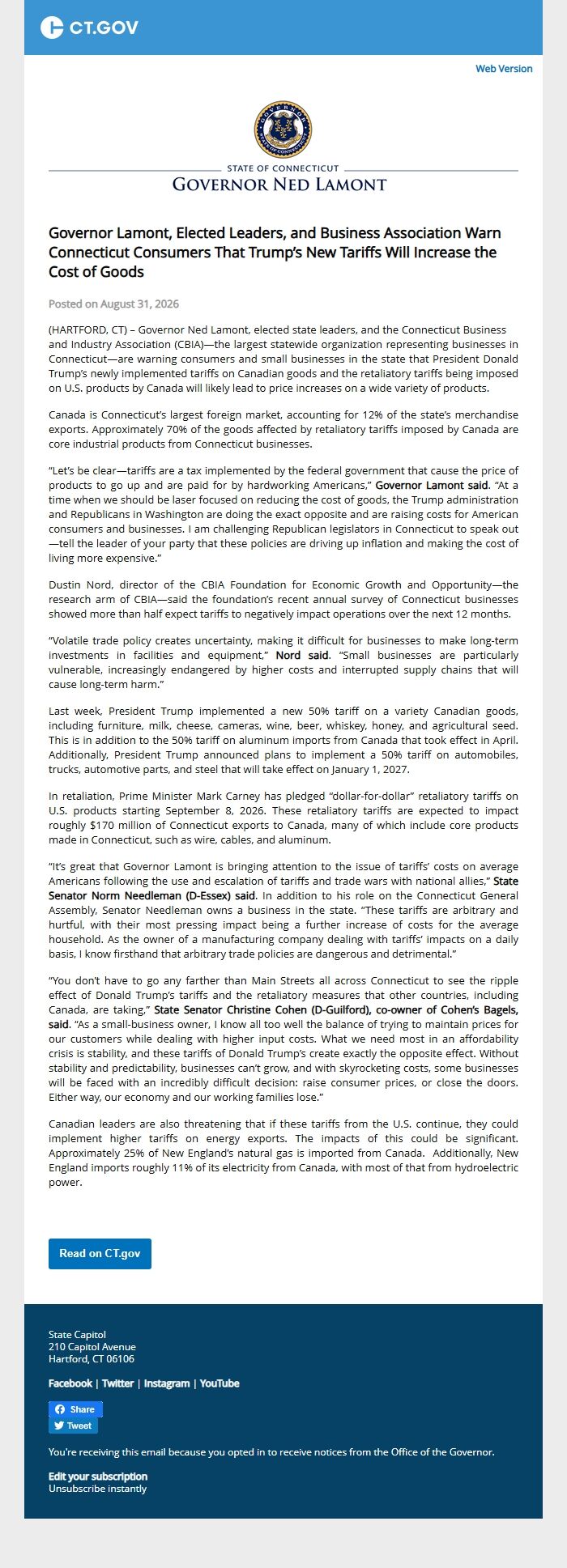 Screenshot of the email generated on import