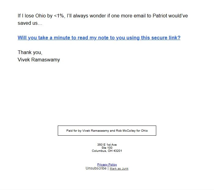 Screenshot of the email generated on import