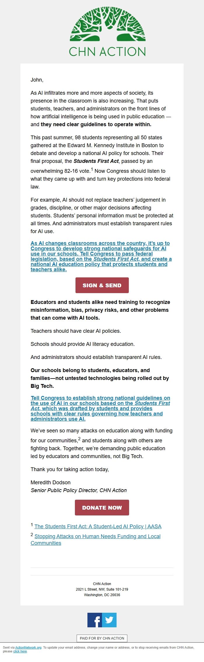 Screenshot of the email generated on import