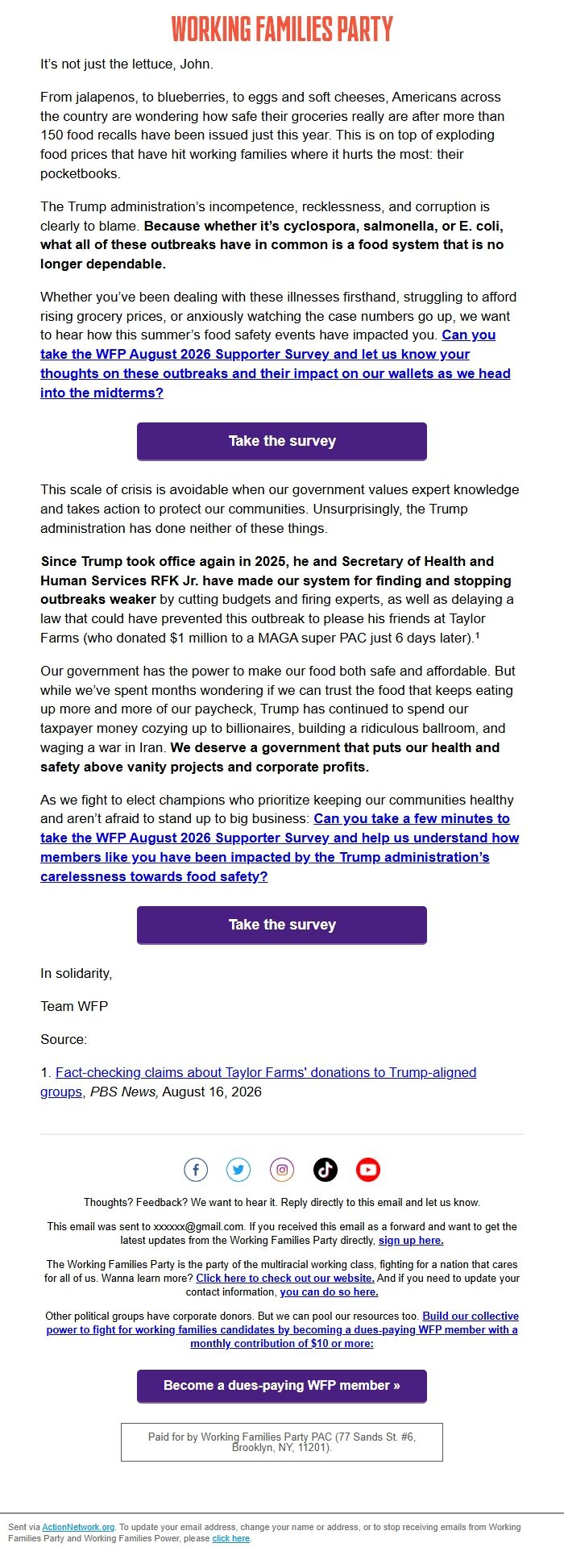 Screenshot of the email generated on import