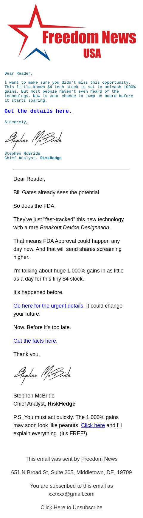 Screenshot of the email generated on import