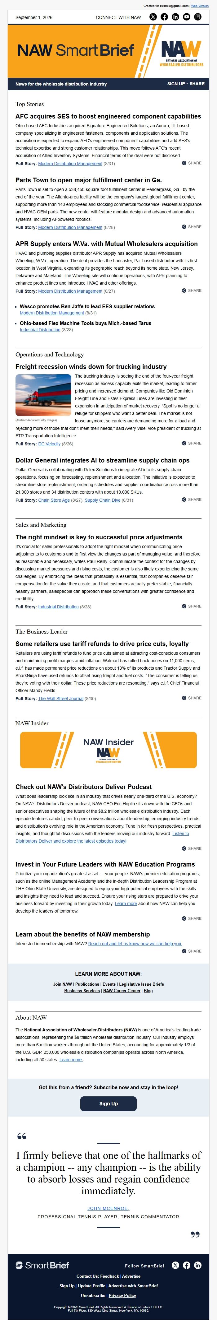 Screenshot of the email generated on import