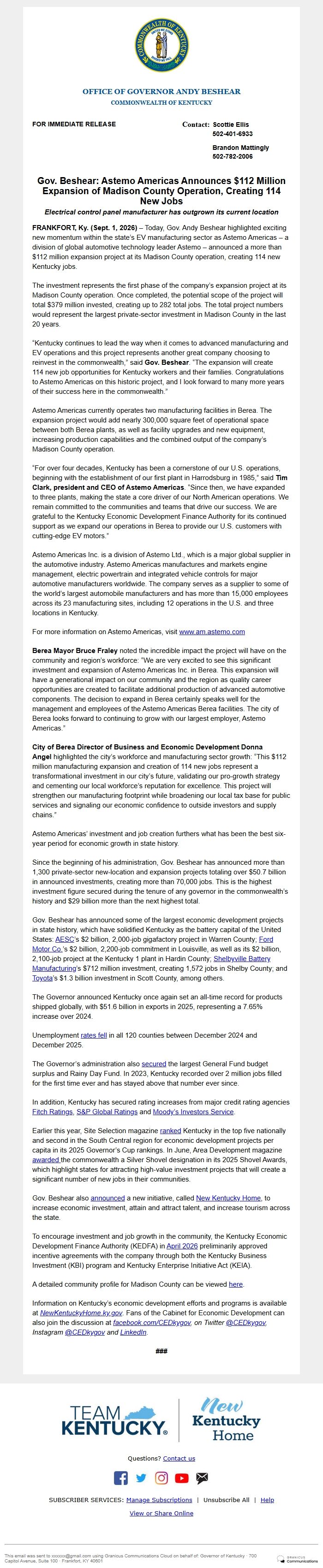 Screenshot of the email generated on import
