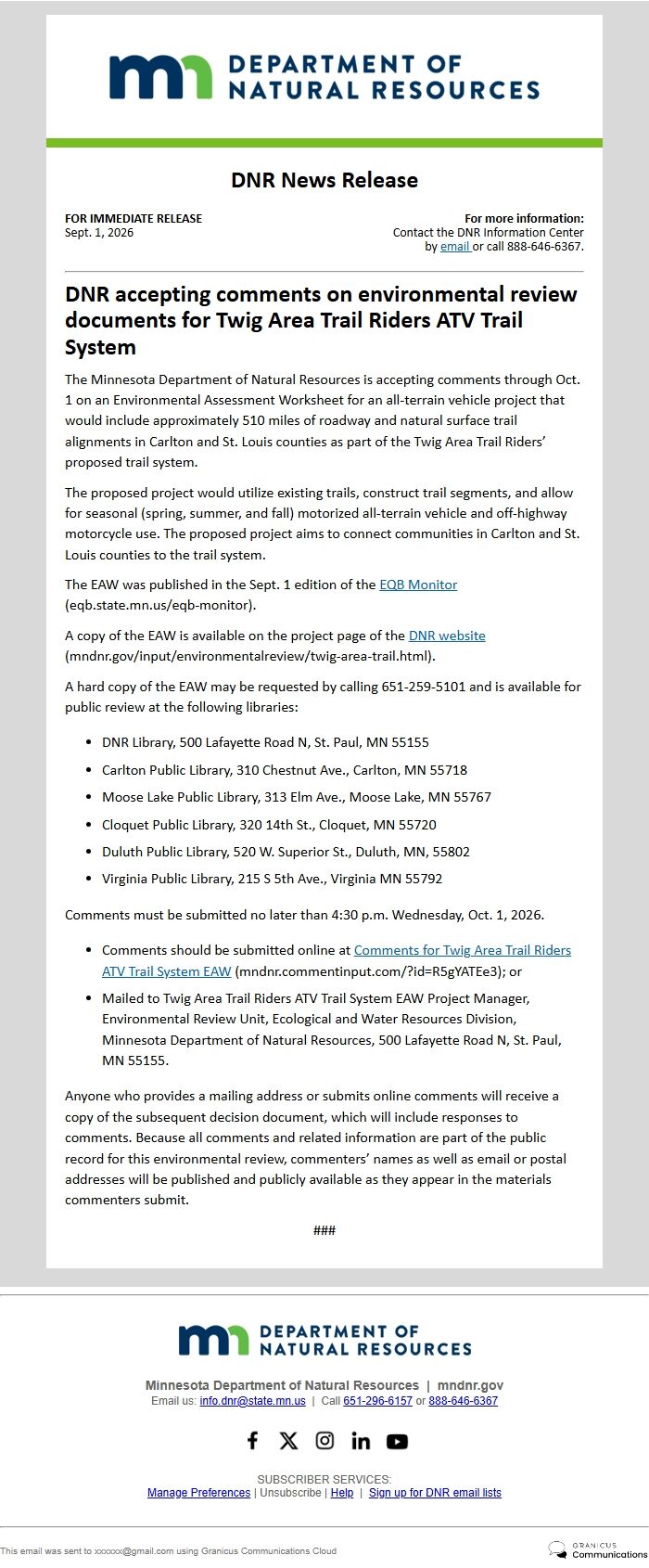 Screenshot of the email generated on import