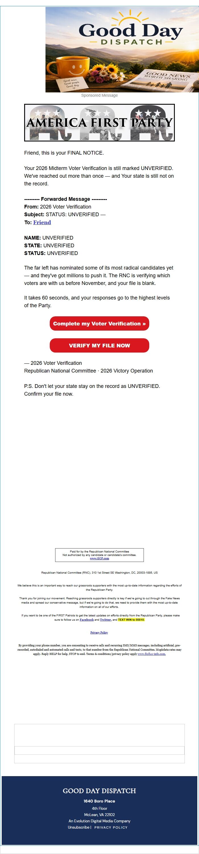 Screenshot of the email generated on import