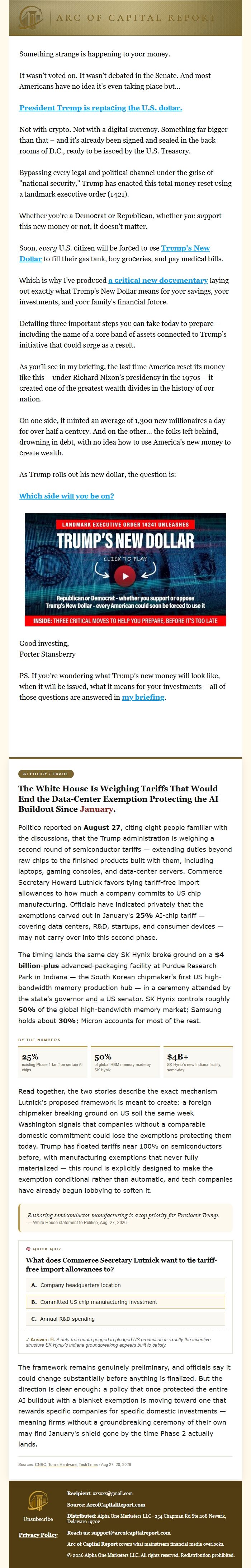 Screenshot of the email generated on import