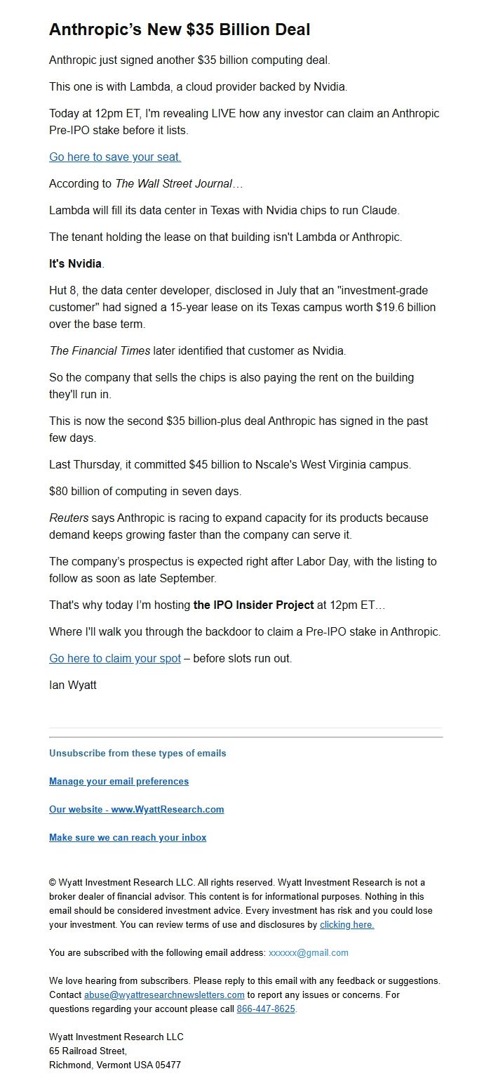 Screenshot of the email generated on import