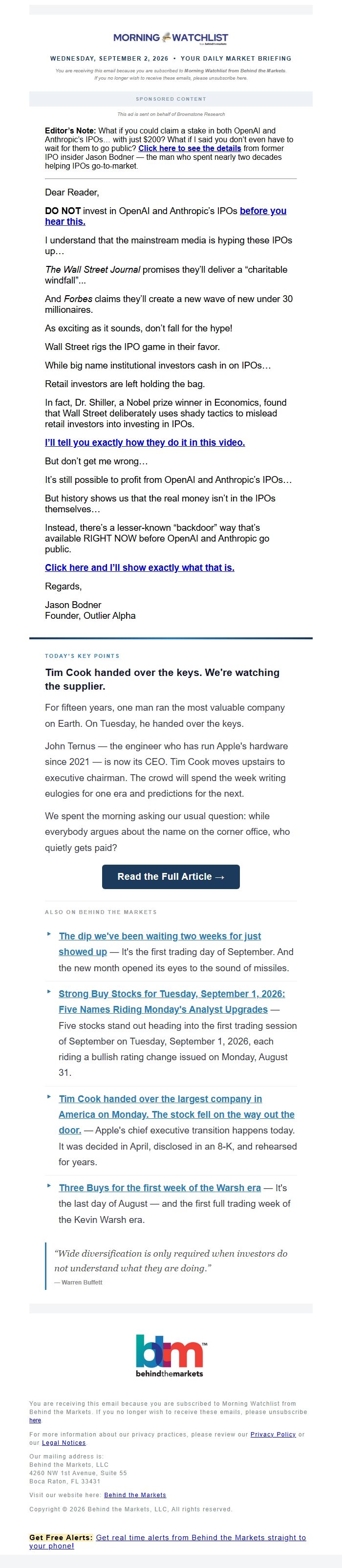 Screenshot of the email generated on import