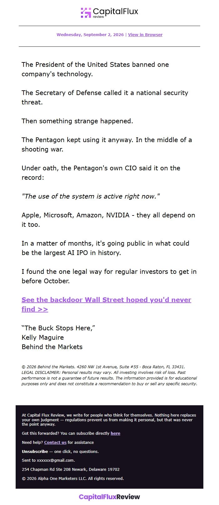 Screenshot of the email generated on import