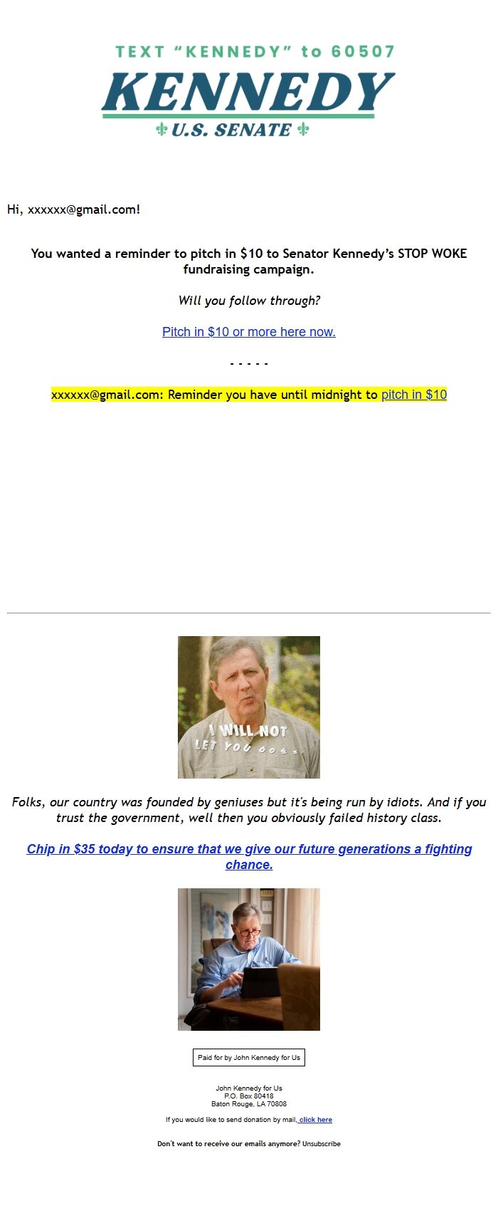 Screenshot of the email generated on import