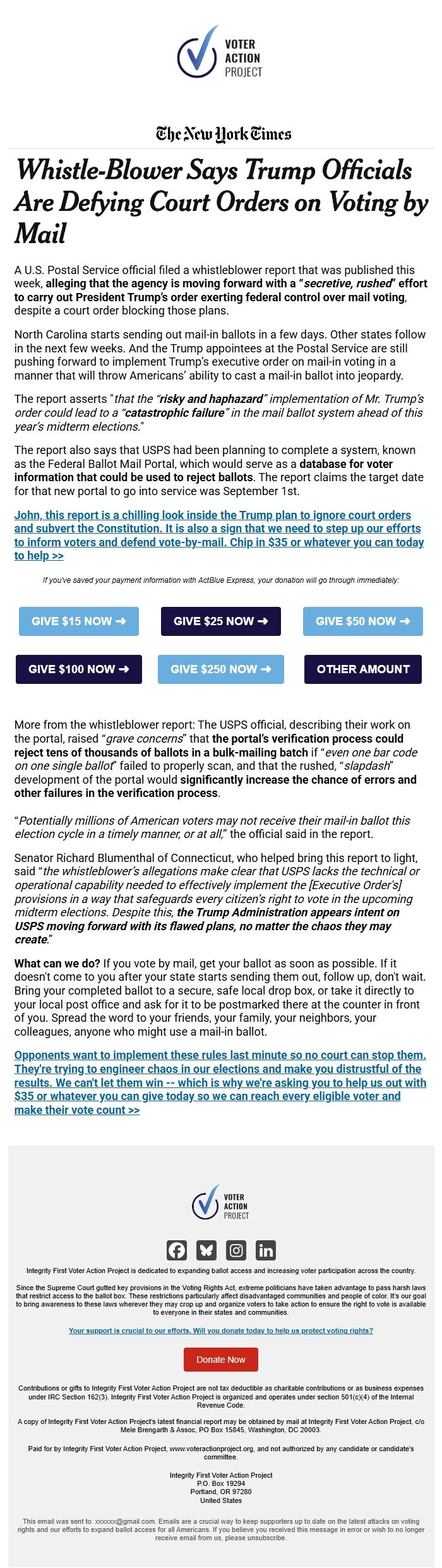 Screenshot of the email generated on import
