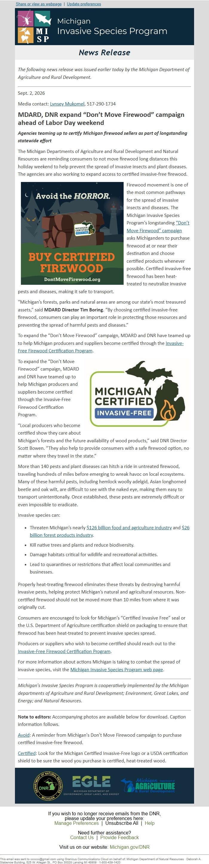 Screenshot of the email generated on import