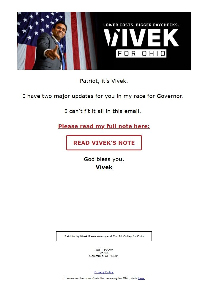 Screenshot of the email generated on import