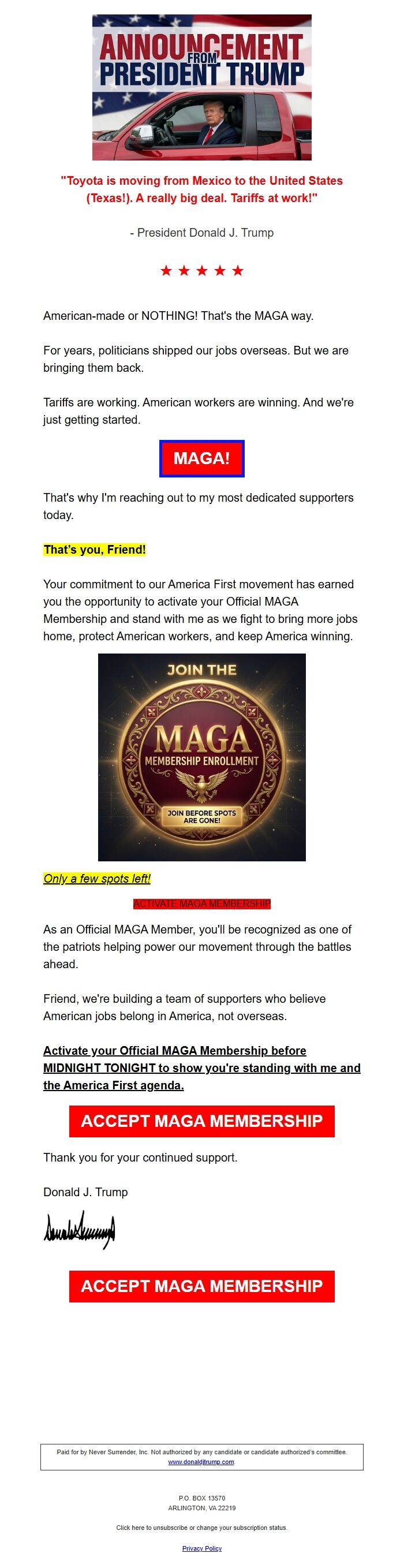 Screenshot of the email generated on import