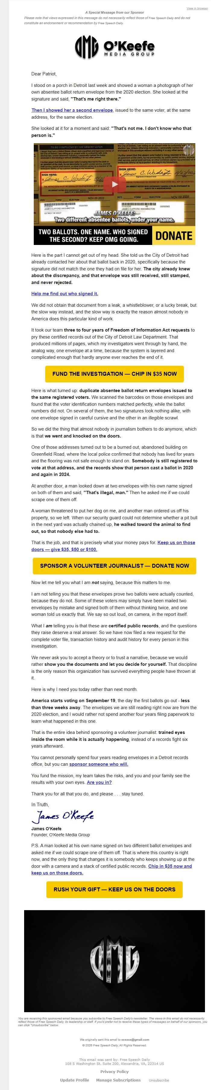 Screenshot of the email generated on import