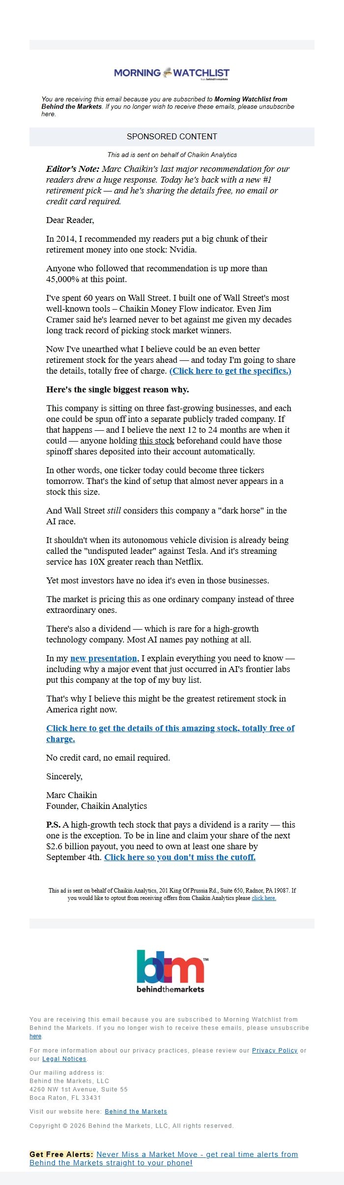 Screenshot of the email generated on import
