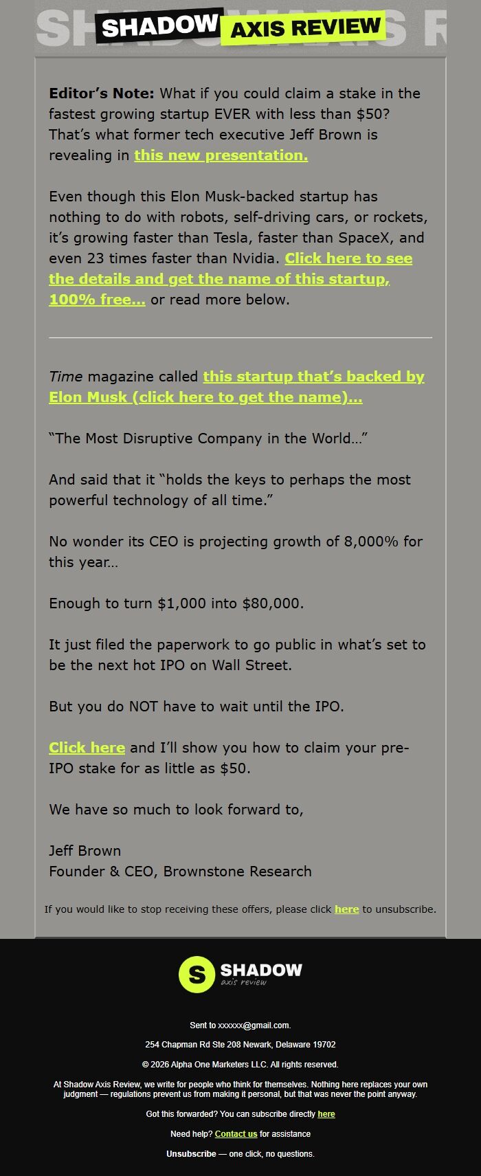 Screenshot of the email generated on import