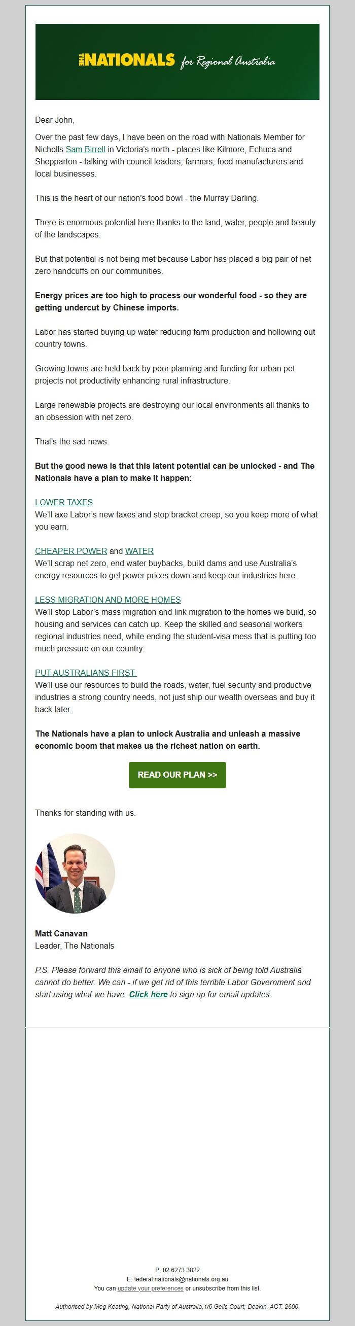 Screenshot of the email generated on import