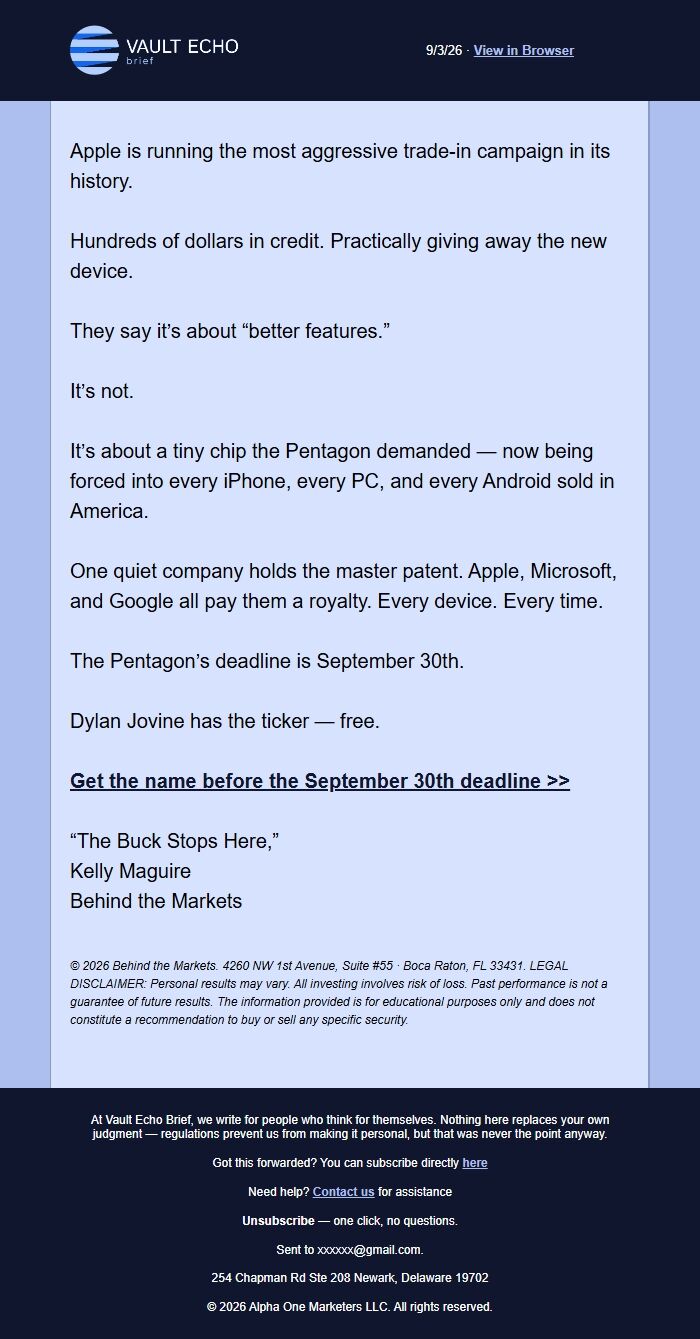 Screenshot of the email generated on import