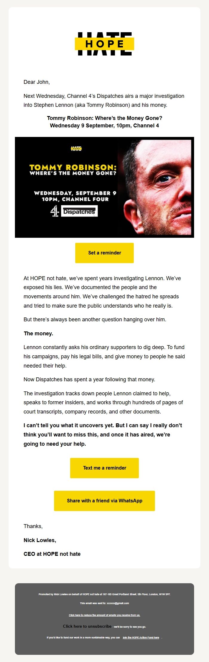 Screenshot of the email generated on import