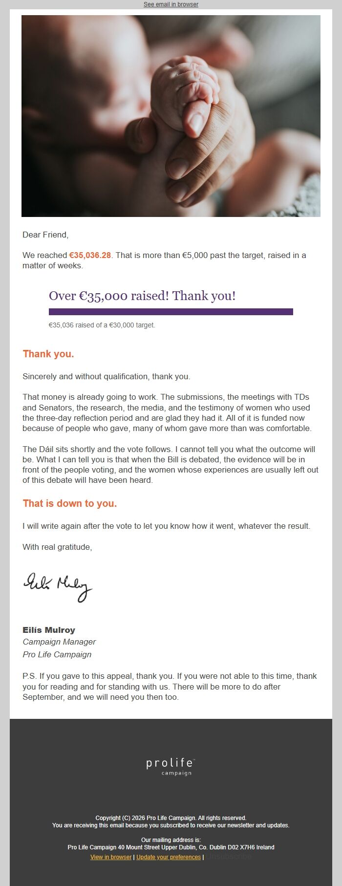 Screenshot of the email generated on import