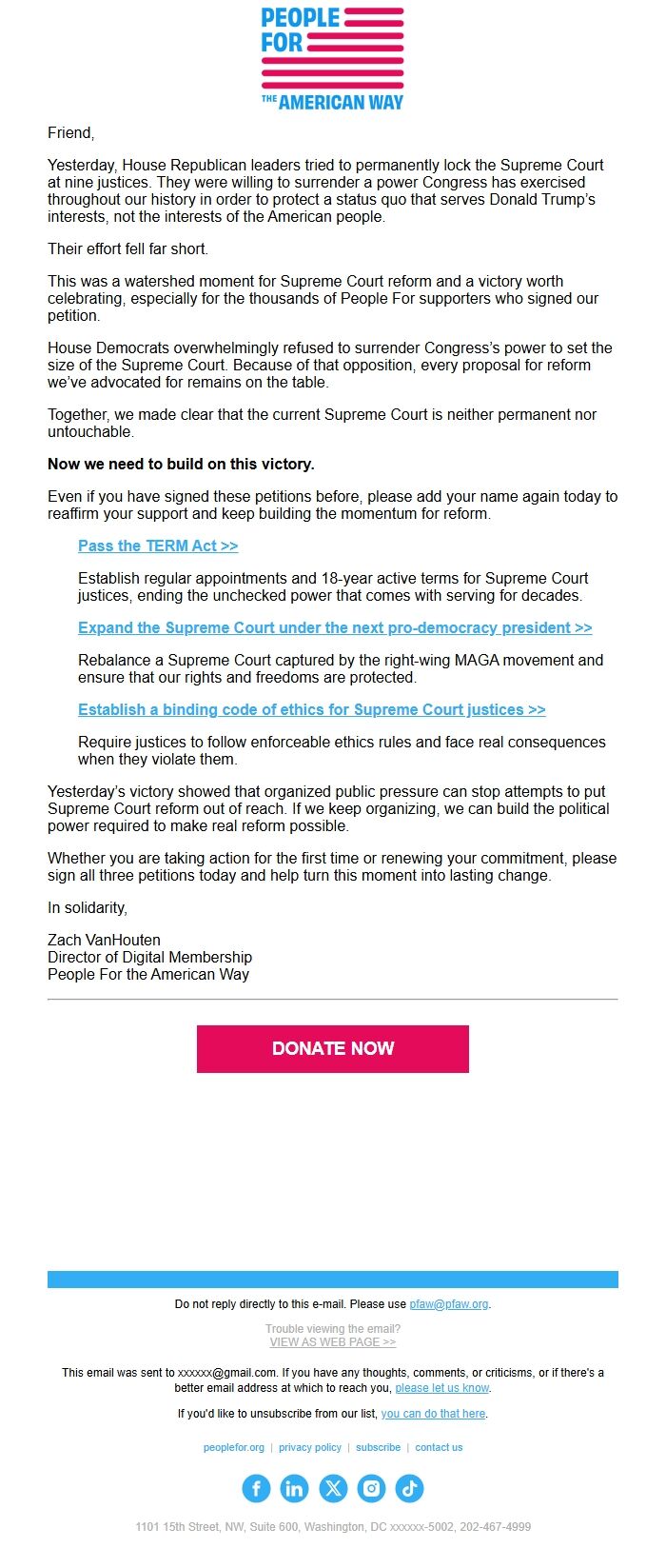 Screenshot of the email generated on import