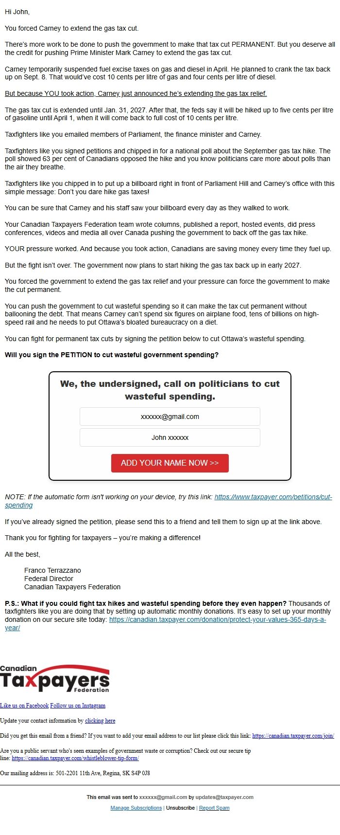 Screenshot of the email generated on import