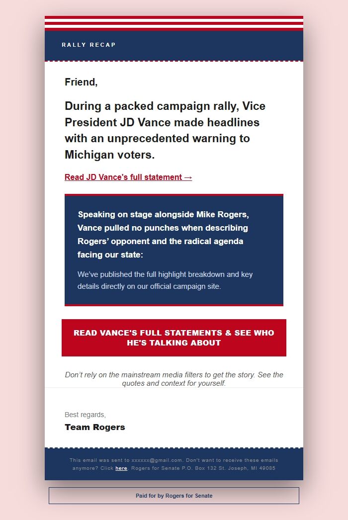 Screenshot of the email generated on import