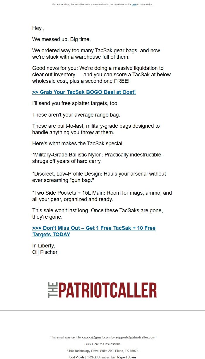 Screenshot of the email generated on import