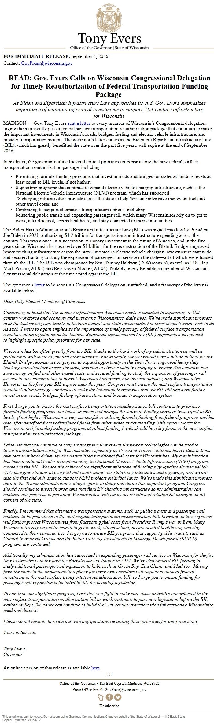 Screenshot of the email generated on import