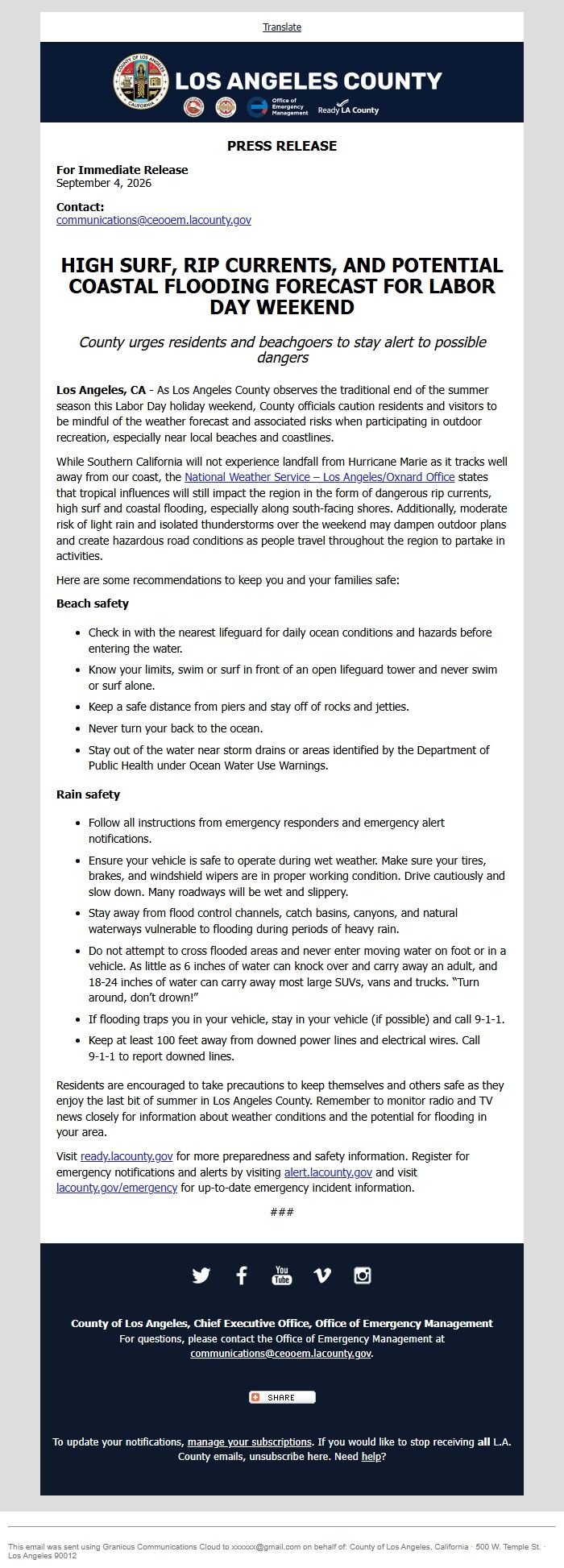 Screenshot of the email generated on import