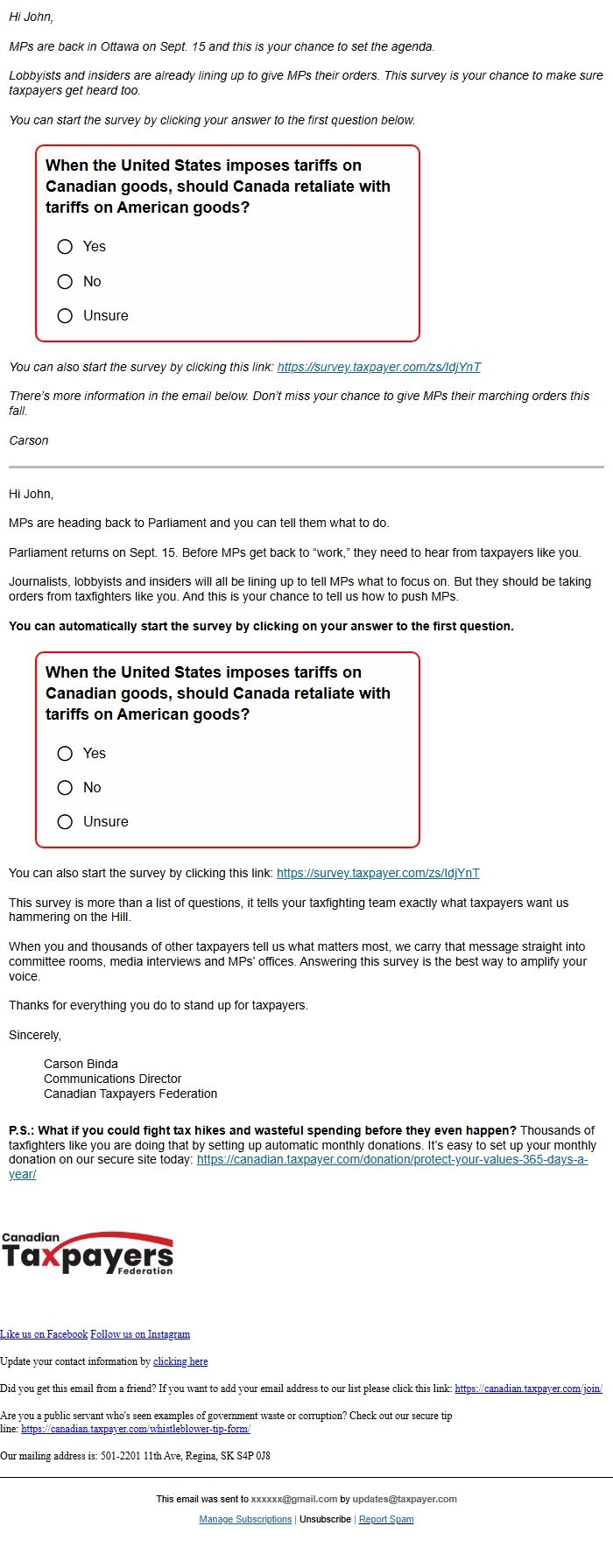 Screenshot of the email generated on import