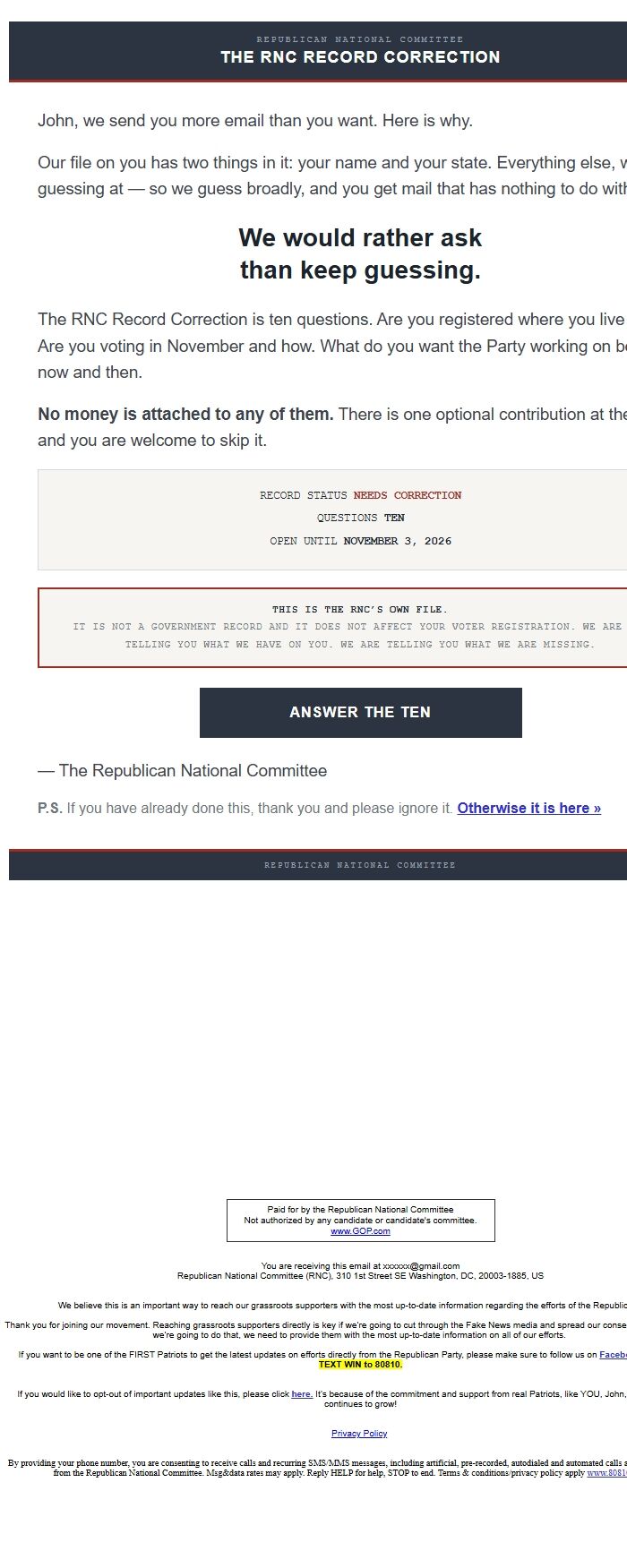 Screenshot of the email generated on import