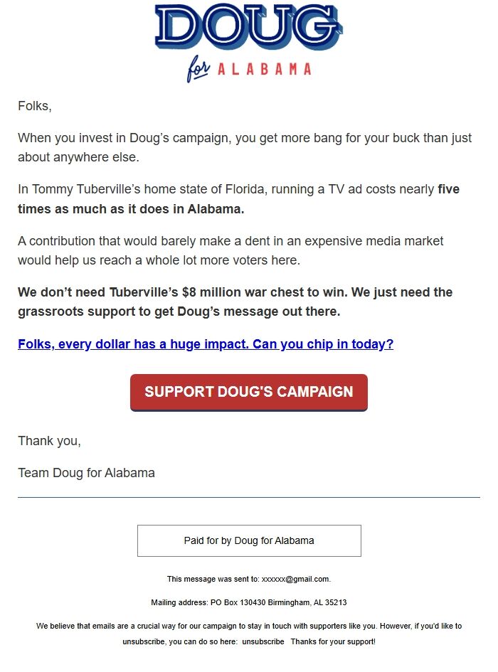 Screenshot of the email generated on import